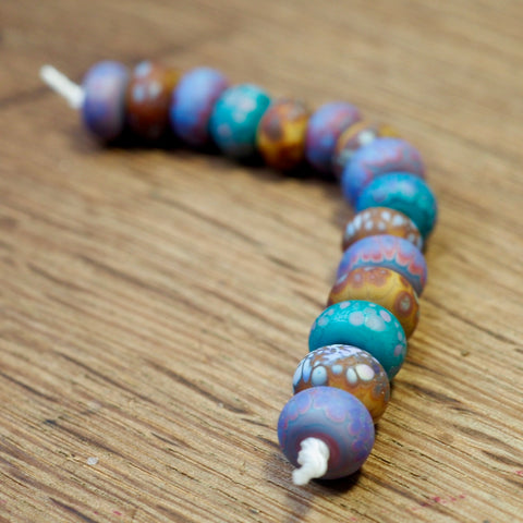 Handmade Lampwork Glass Beads - Purple / Teal / Brown Fritty Mix