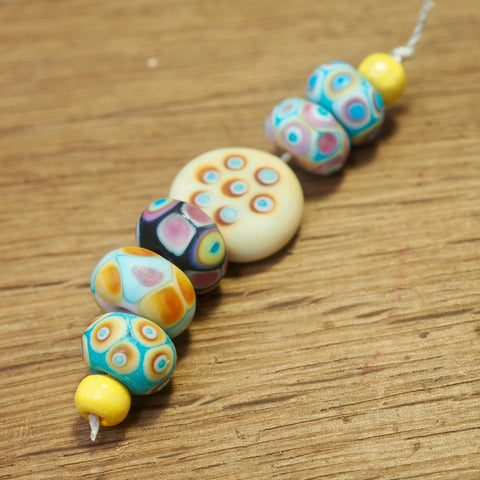 Handmade Lampwork Glass Beads - Turquoise, Cream, Black Dotty Mix