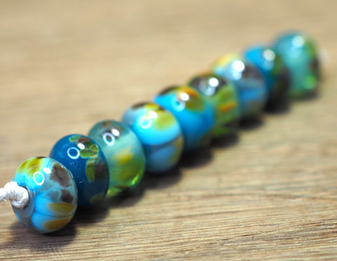 Handmade Lampwork Glass Beads - Turquoise, Cream, Black Dotty Mix