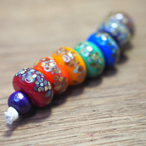 Handmade Lampwork Glass Beads - Rainbow with Raku Frit